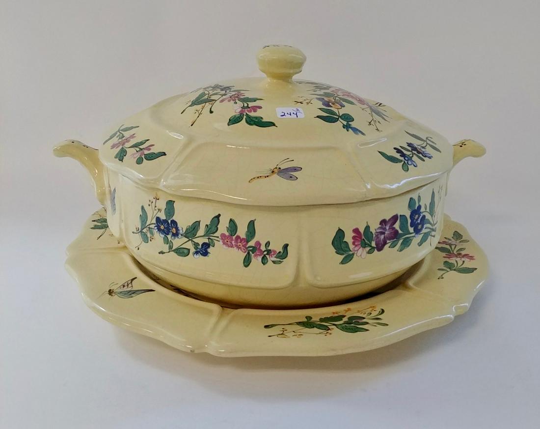 H&D French Faience Covered Casserole with Under Plate: Henri Delcourt Desvres faience. 10.5" diameter x 7" (the bowl) and 13.5" diameter