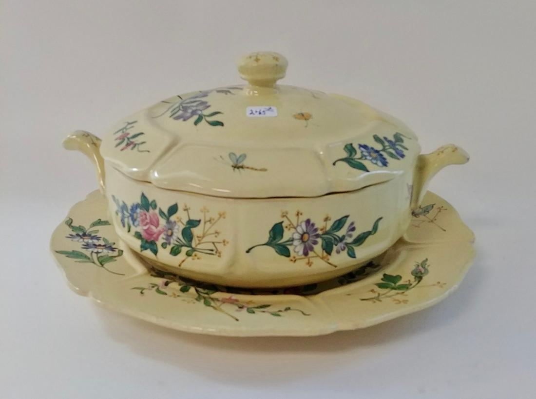 H&D French Faience Covered Casserole with Under Plate: Henri Delcourt Desvres faience. 8.5" diameter x 5.5" H (the bowl) and 11.5" diameter