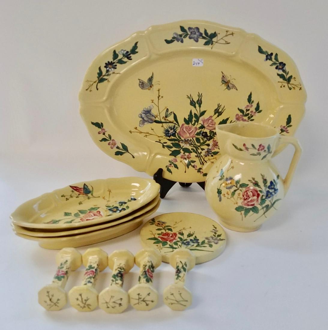 H&D French Faience Miscellaneous Dinnerware Pieces (11): Henri Delcourt Desvres faience. Oval platter (15.5" L); 3 - small oval condiment dishes (9.5" L); water pitcher (6.5" H); trivet (5.25" diameter); 5 - knife rests (3.25" L)