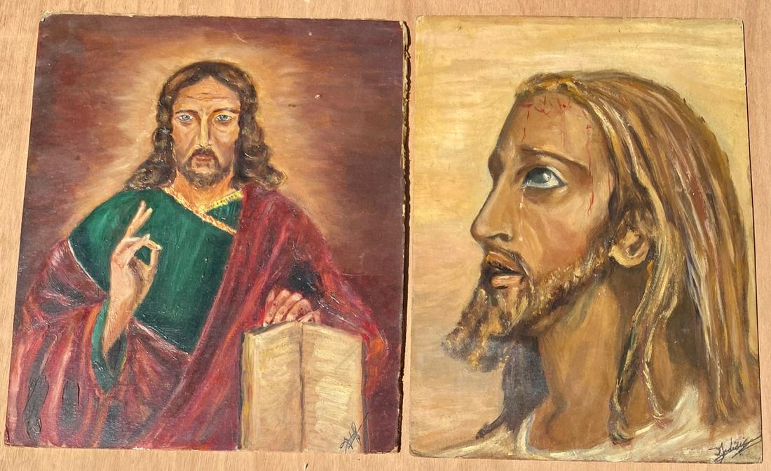 Oils on Board, Christ, Signed Jodidio (2): Christ wears a green and red robe and holds a book. Piercing blue eyes. Signed lower right. 14" x 12"; together with Christ in profile crying with blood at his forehead. Eyes looking up. Signed lower 