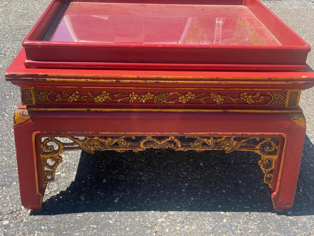 Red Lacquered Oriental Low Table: Removeable tray. Decorative apron as-is in need of repair. 25.5" square x 14" H plus removeable top measures 23.5" square x 2" H