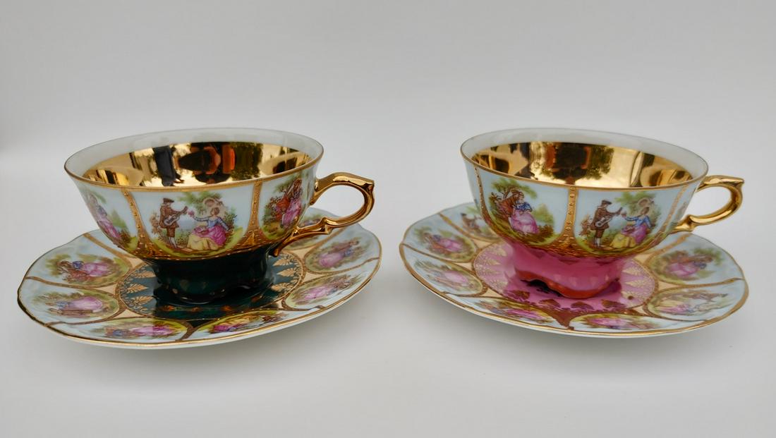 Bavarian Tea Cups (2): ST Bavaria, Germany. Green and Pink. 4.5" D and 1.75" H