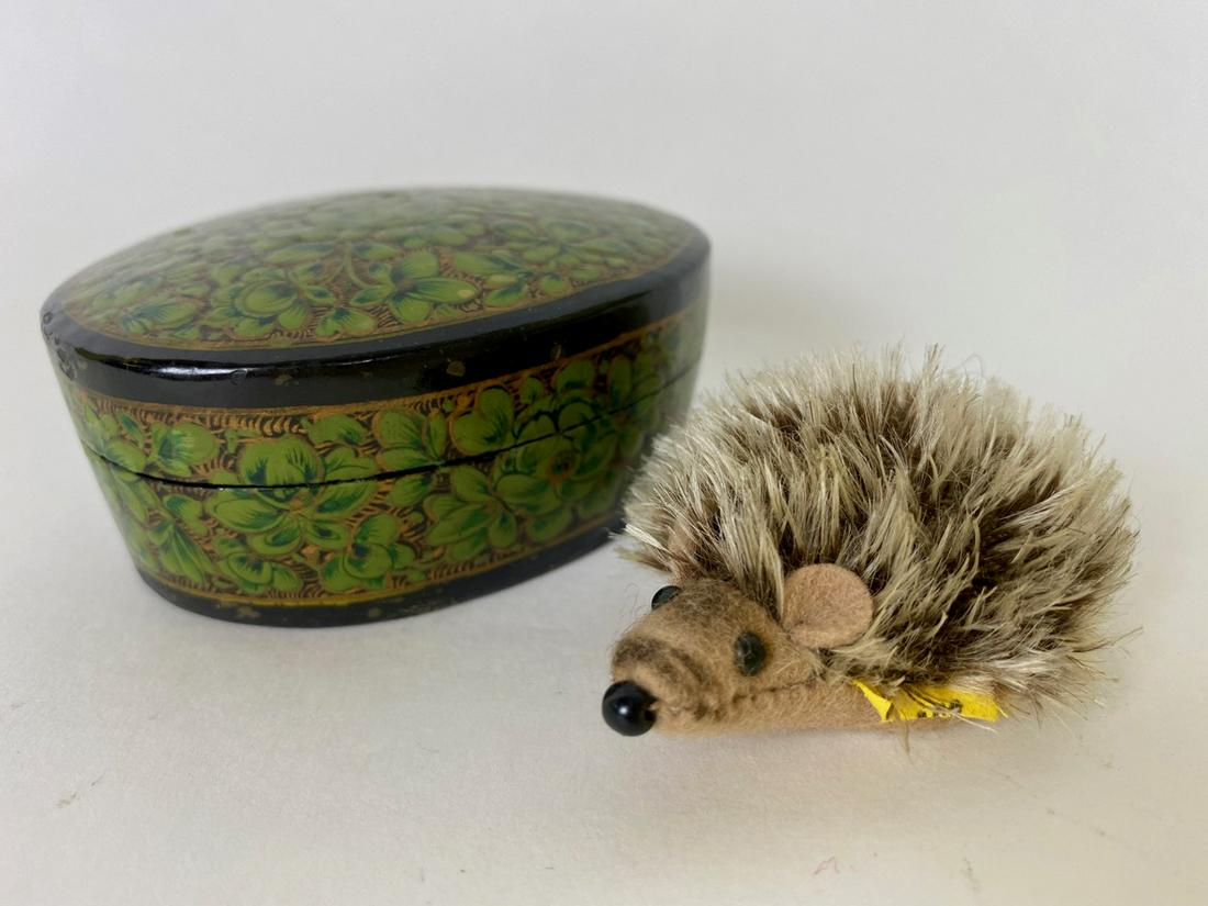 Steiff Porcupine in a Covered Box: Steiff porcupine with small tag remnant. In a handmade box from Kashmir, India. Paper label at the base.