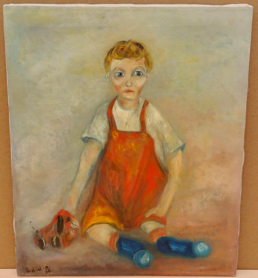 Oil on Canvas, Boy in Red Romper, Signed Jodidio: Oil on canvas, a boy wearing red romper and blue socks, seated on the floor with a toy. Signed lower left and dated, '56. 24" x 20.5"