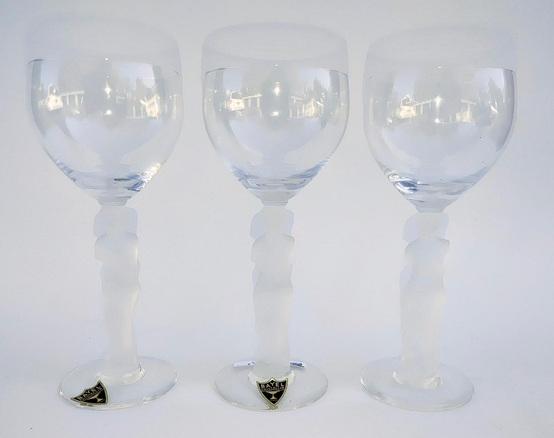 Bayel Frosted Figural Wine Glasses (3): One with paper label. 6.5" H