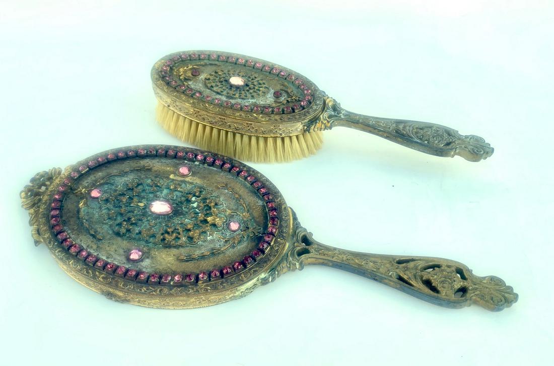 Antique E & J B Empire Art Gold Jeweled Hand Mirror &: Pink rhinestones. Some loss of gilt on both pieces. 11.5" L and 9" L