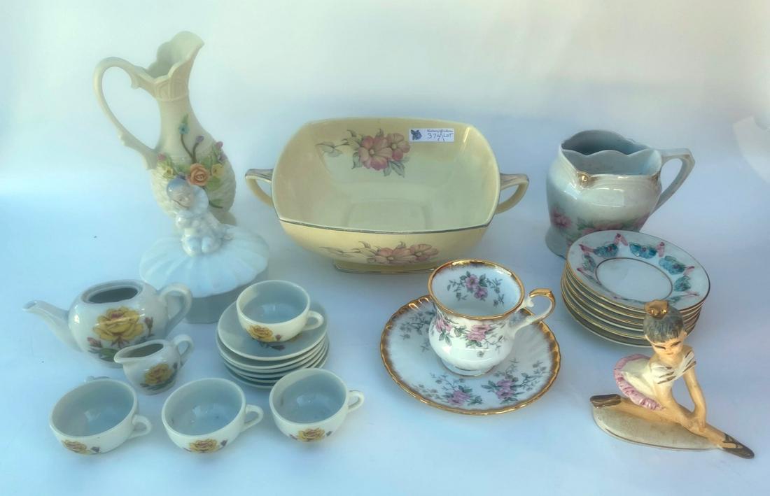 Lot of Misc China Pieces: Wells 2-handled bowl is 9.5" L; 6 Capodimonte saucers; Elizabethan English tea cup and saucer; Bavarian shaving mug; Lefton china pitcher with applied flowers; made in Japan ballerina; doll's partial