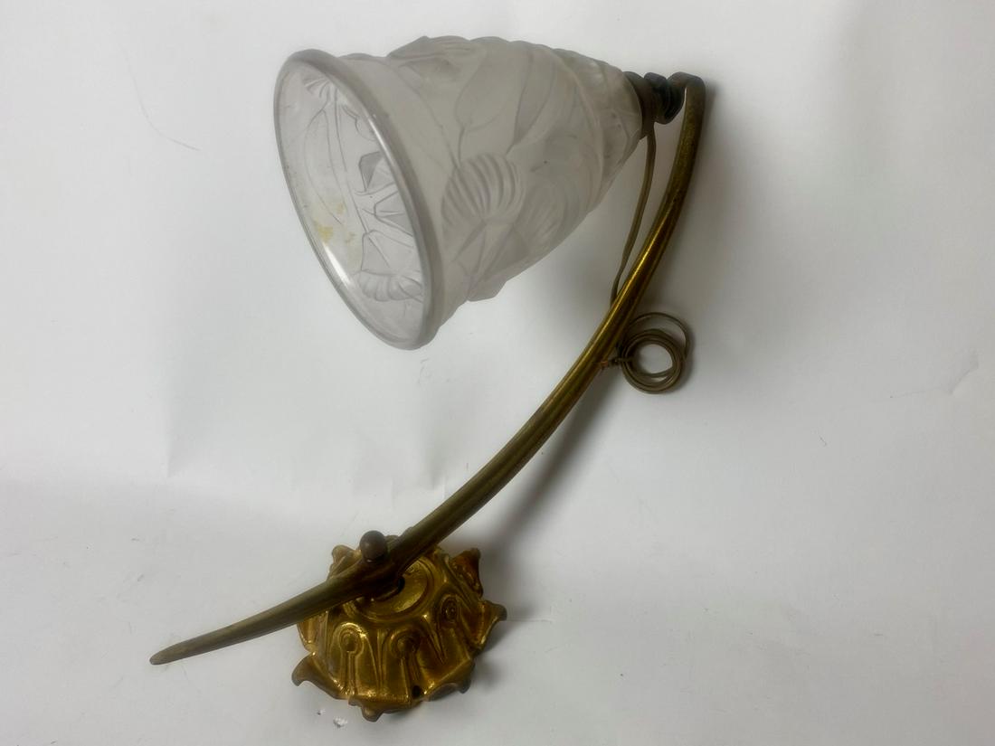 French Electrified Wall Sconce: Dore bronze with frosted glass, thistle decorated shade. 11.5" x 13"