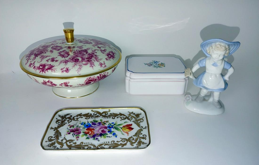 Porcelain Lot Including Limoges (4): Covered dresser jar by Thomas Germany; Limoges floral pin tray; Covered dresser box from the Concord, Air France; and a little girl made in Japan - 4.5" H