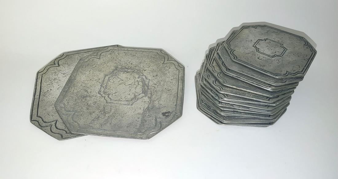 Pewter Wine Coasters Set (18): Sixteen coasters and two wine bottle coasters. Red felt on the bottoms. 5.5" D and 3.5" D