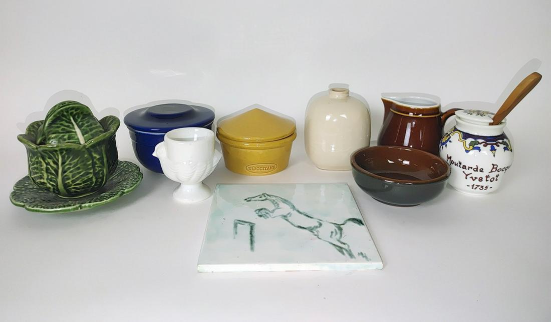 Lot of Pottery Pieces (9): Horse tile; 2 butter keepers; cabbage leaf mustard jar with underplate; egg cup; French mustard pot with wooden spoon; pottery bowl; pottery vase; pottery pitcher - 3.75" H