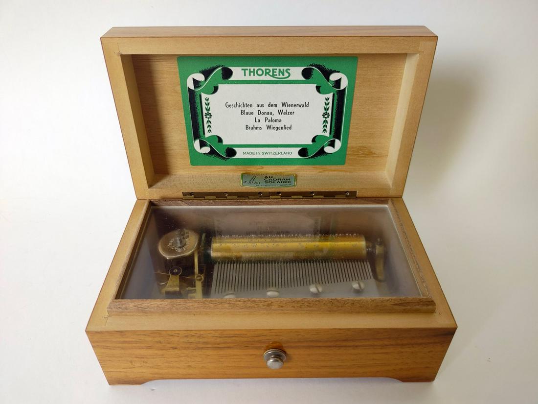 Wooden Music Box - Thorens: Swiss Thorens movement music box. Au Cadran Solaire. Lullaby and Goodnight. 6.75" L x 4" D x 3" H