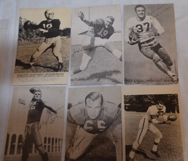 Vintage 1950's Football Postcards (6): Six vintage football postcards, one signed Tobin Rote in blue ink. Other cards include Jack Christiansen, Doak Walker, Bobby Layne, Les Binganian, Dante Lavelle. 5-1/2' x 3-1/2"