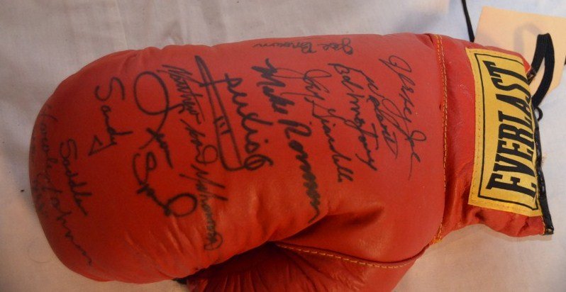 Signed Everlast Boxing Glove: Glove contains 12 signatuares in black marker including Jersey Joe, Joey Giardello, Leon Spink, Sandy Saddler, Harold Johnson, Joltin Jeff Chandler, Joe Brown and others.