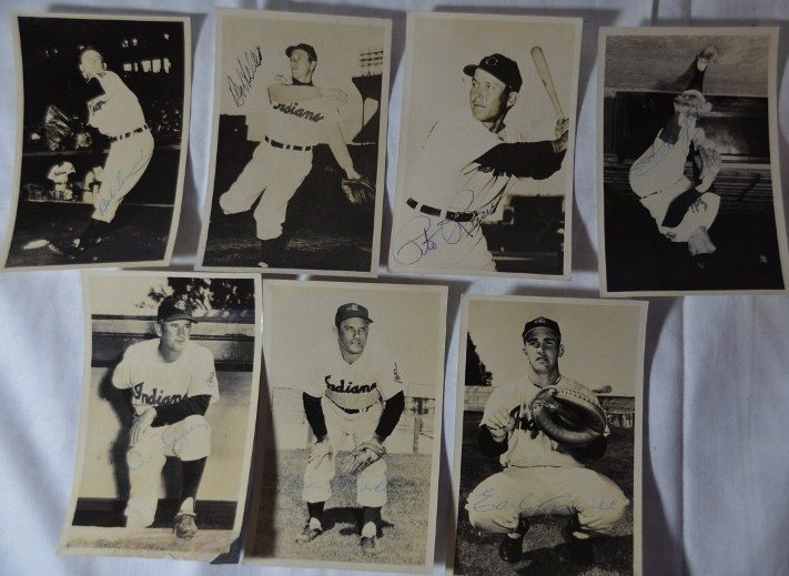 Seven 1950's Signed Cleveland Indian Postcards: Seven black & white Cleveland Indian postcards including Bob Lemon, Bob Feller, Pete Reiser, Al Lopez, Gene Woodling, Earl Averill, and one unidentifiable signature. Signed in blue or black ink. 5-1/2
