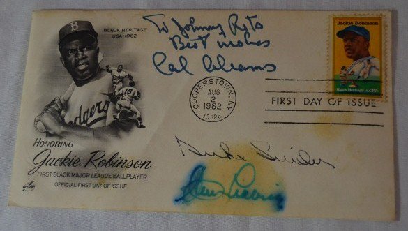 1982 Jackie Robinson First Day of Issue: First Day of Issue envelope honoring Jackie Robinson, First Black Major League Ballplayer. Black Heritage USA-1982. With Cooperstown, NY Aug. 2, 1982 postmark. Zip code 13326. Signed, "To Johnny Rits,