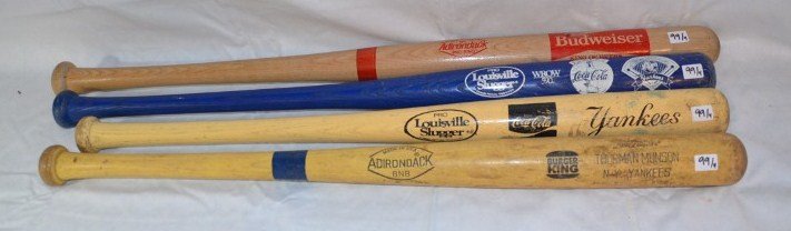 Three Advertising Baseball Bats & a Softball Bat: Louisville Slugger Pro, Coca-Cola Yankees bat; Louisville Slugger Pro, Coca-Cola, WROW 590am, Albany Colonie Yankees blue bat; Adirondack BNB, Burger King, Little League, Thurman Munson, N.Y. Yankees 