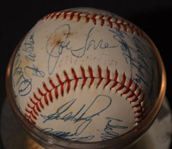1983 Atlanta Braves Autographed Ball: Joe Torre at the Sweet Spot; Other names include Glenn Hubbard, Rafael Ramirez, Chris Chambliss, Dale Murphy, Claudelle Washington, Bob Watson, and many more. Rawlings, Oficial Ball, National League.