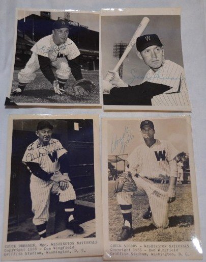 Four Washington Nationals Autographs: Photo by Don Wingfield, Alexandria, VA of Ed Yost - signed in black ink and Jim Lemon - signed in blue ink. Postcards of Chuck Dressen, Manager signed in black ink, "To Steven, Chuck Dressen" and Chuc