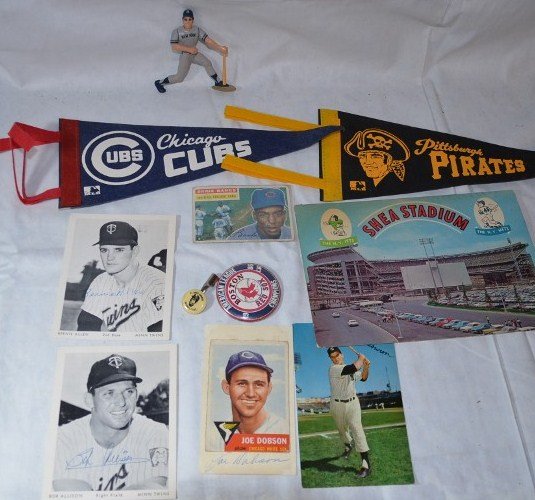 Baseball Fan Lot: A 1964 Shea Stadium oversized postcard; Pittsburgh Pirates pennant; Chicago Cubs pennant; Minn Twins signed Bernie Allen photo; Minn Twins signed Bob Allison photo; Chicago White Sox Joe Dobson baseba