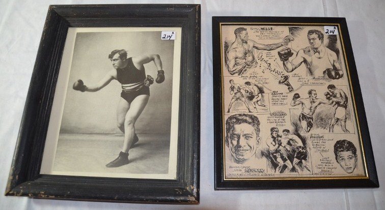 Ted Carroll Boxing Collage & Early Photo: Print of a Ted Carroll pen and ink collage highlighting New Orleans boxing great such as Harry Wills, Tony Canloneri, Ralph Dupas, Willis Pastrano, Bernie Docusen and Pete Herman. Together with an ear