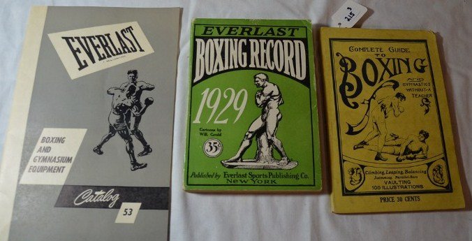 Two Everlast Boxing Catalogs & Boxing Guide: Everlast Boxing Record, 1929.; Everlast Boxing and Gymnasium Equipment Catalog 53; and Complete Guide to Boxing and Gymnastics Without a Teacher. 7-1/4"; 8"; 10-1/4" high