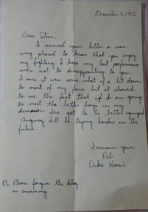 Boxer Duke Harris Signed Letter: December 6, 1956 hand written signed letter reads, "Dear Steve, I received your letter a (sic) was very pleased to know that you enjoy my fighting. I hope my last performance was not to (sic) dissappo