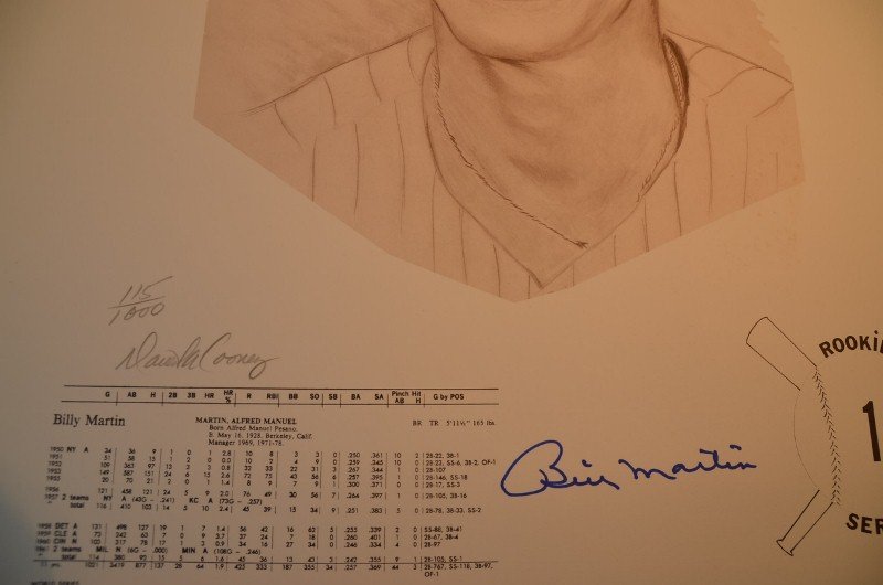 Billy Martin Limited Edition Print: Certificate of Authenticity from Nostalgia Sports Legends. Title: Martin-Rookie, Artist: David A. Cooney. Print: 0115 of 1000. Individually autographed by player and signed by artist. Signed by Bill M