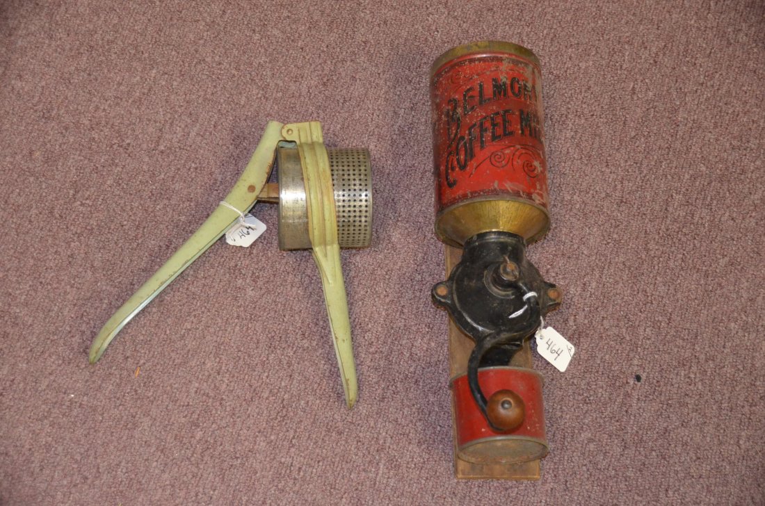 Tin Coffee Mill & Potato Ricer: Belmont Coffee Mill; Green potato ricer. 16" high; 11" long