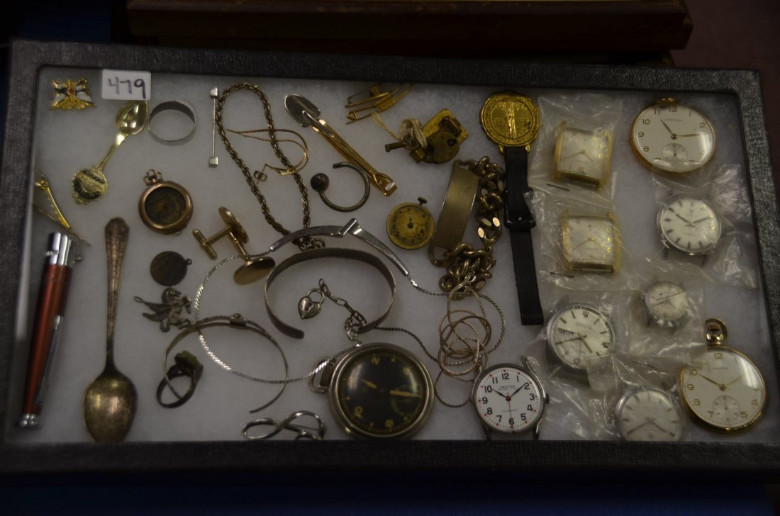 Tray Lot of Watches and other Jewelry: Pocket watches, watch faces - Croton Watch Co., Sterling silver bracelets, sterling ring, sterling chain, cufflinks, tie clasps, etc.