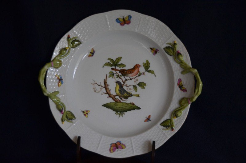 Herand Hungary Porcelain Serving Plate: Porceiain plate with birds, bugs, butterflies, and vine handles. Herend Hungary handpainted 425 RO.