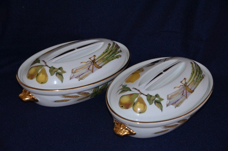 Two Royal Worcester Covered Casseroles: Decorated with asparagas, pears, grapes and lemons. Evesham. Shape 2. Size 2.
