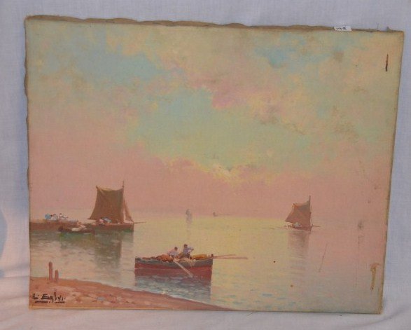 Oil on Canvas Signed E. Sylvi: Unframed oil on canvas. Figures in boats at sunset. In pinks and blues. Signed lower left E. Sylvi. 16" x 20"