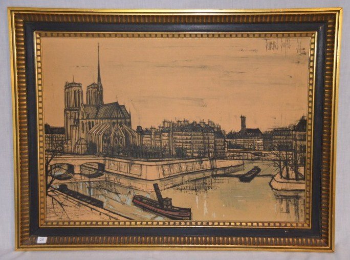 Bernard Buffet Signed Engraving: Bernard Buffet Signed Engraving. A European canal scene. Signed Bernard Buffet â€™56 in upper right corner. 19â€ x 27â€