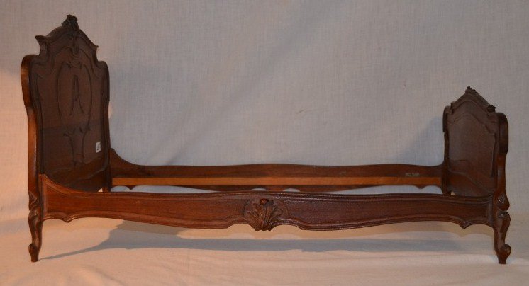 Salesman Sample French Bed: Monogrammed with an "A" on the headboard. With slight damage to footboard. 24" long x 13" wide