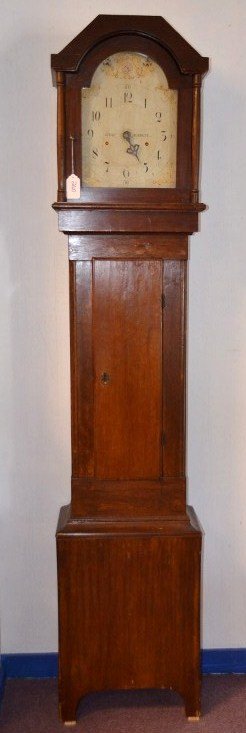 Silas Hoadley Grandfather Clock: Early 19th C. Silas Hoadley tall case clock. Has pendulum and weights that are not shown in the photos. Also, written in pencil on the inside of the door is the name of the man who made a repair to th