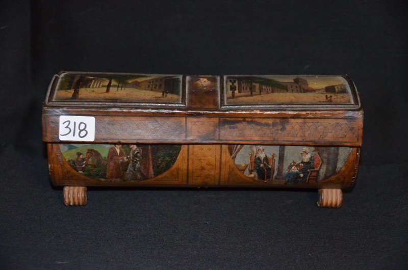 19th C. German Handpainted Etui: 19th C. handpainted paper etui with lid. Two holes on either side. With feet. Rounded shape. Painted scenes of Germany including Bremen and figures. Painted cornucopia on the sides surrounding the hol