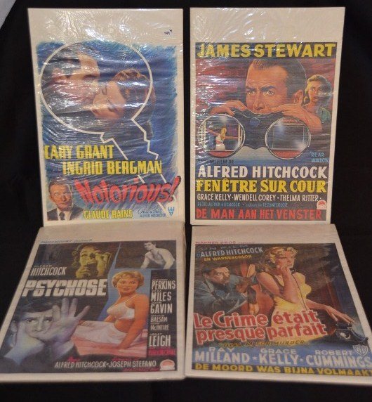Lot of Four Alfred Hitchcock Foreign Movie Posters: Lot of four movie posters including "Psychose Un Film de Alfred Hitchcock, Anthony Perkins, Vera Miles, John Gavin, Janet Leigh. Paramount." "Un file de Alfred Hitchcock en Warnercolor, Le Crime etait