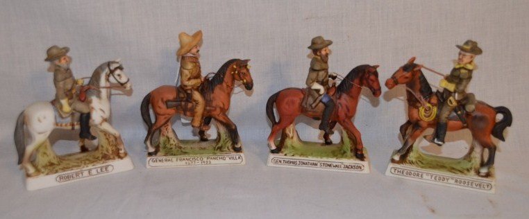 American Western Figural Liquor Bottles (4): Manufactured By Grenadier Spirits Co., Set of 4 small Bottles including; Robert Lee 1977, Theodore "Teddy" Roosevelt 1977, General Francisco "Pancho Villa 1877-1923, 1975, General Thomas Jonathan "Sto