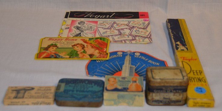 Lot of Vintage Advertising Materials (9): Woolworth needle book; Happy Home needle book; two Vogart transfer patterns; Taylor deep frying thermometer; Edgeworth Pipe Tobacco Tin; Davol Anticolic nipple box; Locktite bottle stopper and opener;