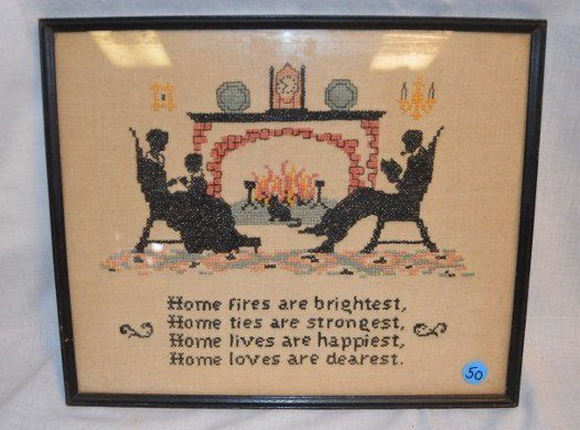 Antique Sampler: Homes fires are brightest, Home ties are strongest, Home lives are happiest, Home loves ae dearest." 11-1/2" x 14