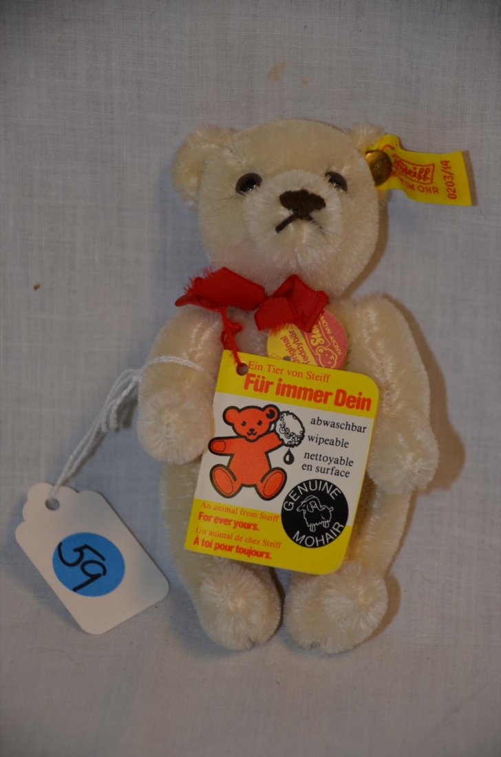 Steiff White Teddy Bear: White teddy bear with Steiff ear tag. Paper tag. Genuine mohair. 5" high