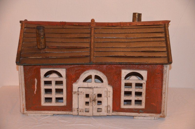 Red Folk Art Cottage: This European hand made folk art cottage (maybe a barn?) is painted red with white windows, French doors, and trim. Removable roof has two metal chimney stacks and the interior is painted green. 20-1/