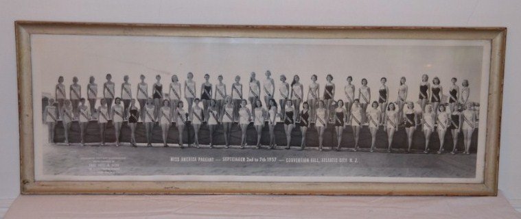 1957 Miss America Pageant Photo: Atlantic City pageant beauties in their swimsuits. Reads Miss America Pageant, September 2nd to 7th 1957, Convention Hall, Atlantic City, N.J. Exclusive Pageant Photograph. Photo Copyright By Fred Hes