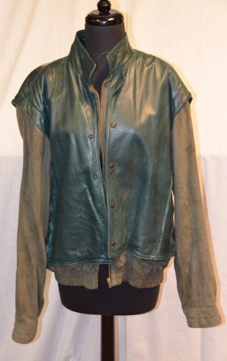 Giorgio Armani Leather Jacket: Three toned green - suede & leather. 26-1/2" shoulder to bottom of jacket. NOTE: All clothing & accessories are in "as found in the closet" condition.