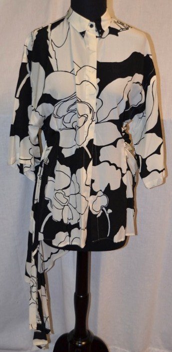 Gianni Versace Blouse: Size 42. Black & white blouse. Button front. Asymetrical style. Probably silk.. NOTE: All clothing & accessories are in "as found in the closet" condition