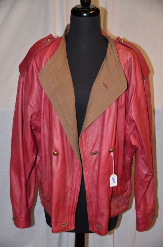 Gianni Versace Leather Jacket: Raspberry color. Zippered interior pocket. Gold buttons. NOTE: All clothing & accessories are in "as found in the closet" condition.