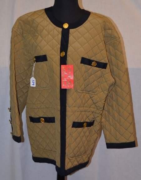 Escada Quilted Jacket: Size 38. With original tags attached. 100% silk jacket. Tan with black trimmings. NOTE: All clothing & accessories are in "as found in the closet" condition.