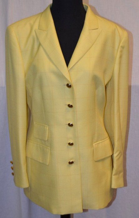 Yellow Escada Suit: Escada Margaretha Ley. Size 40 Jacket. 60% Virgin Wool, 40% silk. Size 38 Pants. Blouse Size 36. 100% silk. NOTE: All clothing & accessories are in "as found in the closet" condition.