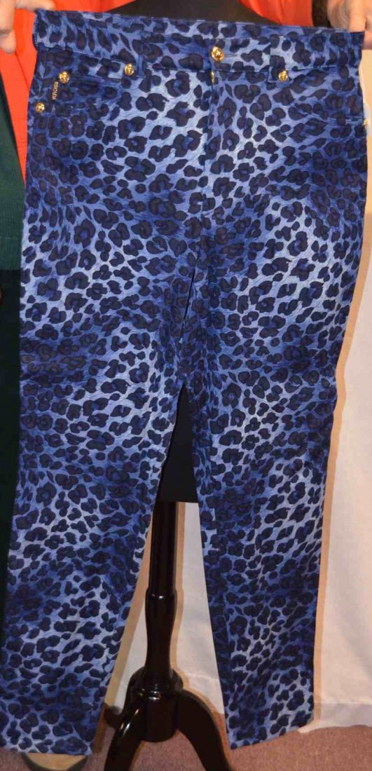 Escada Margaretha Ley Jeans: Five pocket jeans with gold buttons. 92% new wool, 8% nylon, 2% spandex. Blue leopard print. NOTE: All clothing & accessories are in "as found in the closet" condition.